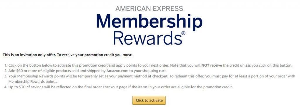 Amazon $30 of $60 for American Express Membership Rewards activate button