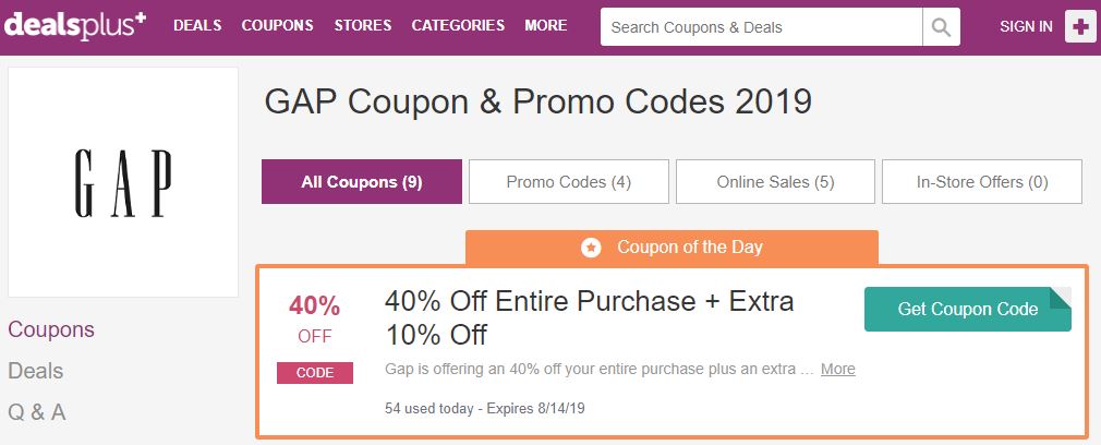 Coupon code for Gap at DealsPlus