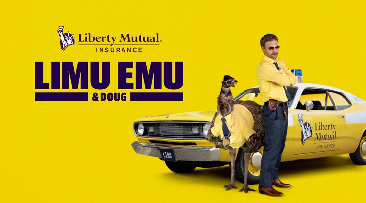 Limu Emu and Doug in front of Liberty Mutual Insurance car with yellow background