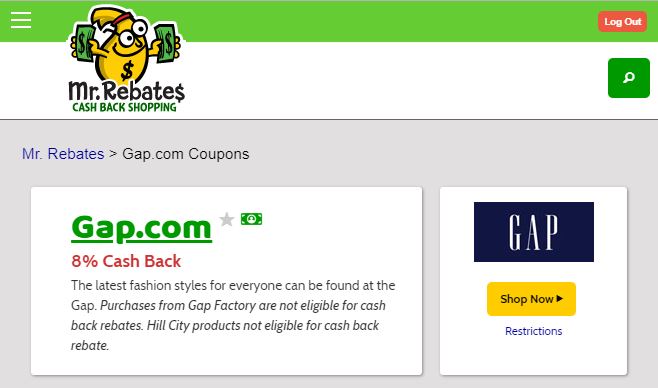 GAP cash back at Mr. Rebates