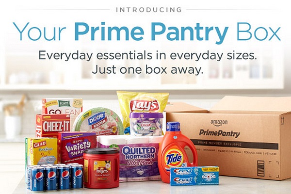 Amazon Prime Pantry introduction advertisement shown with an assortment of household goods