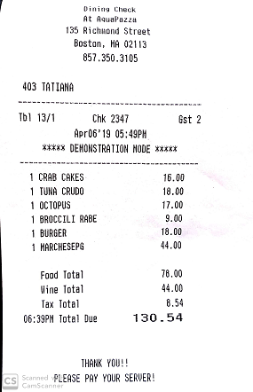 Restaurant bill at AquaPazza