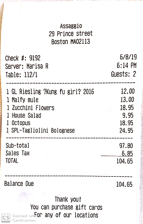 Assaggio restaurant bill