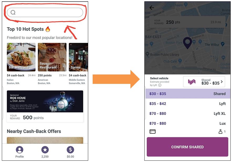Navigating from the search address to picking a Lyft option screen