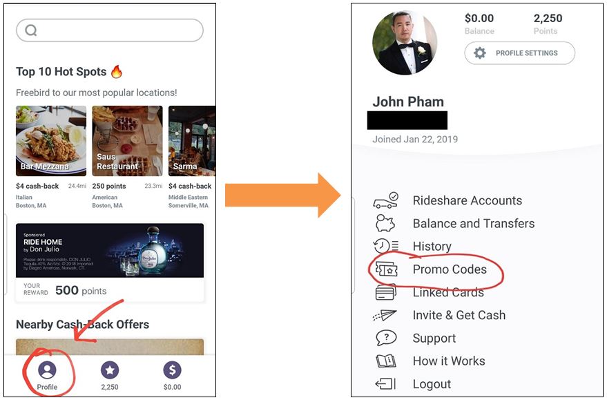 Navigating from the Profile to Promo Codes screen on the Freebird app