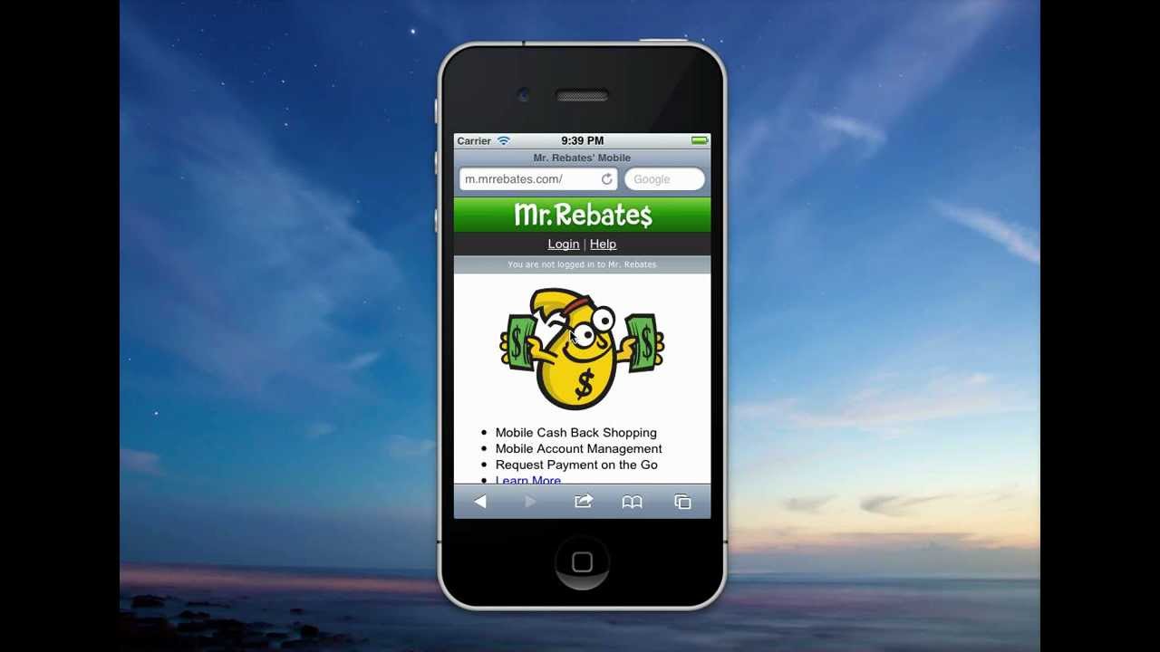 Mr. Rebates phone app in foreground with sky background