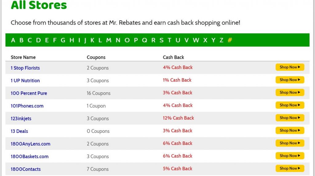 cash back at various stores on Mr. Rebates