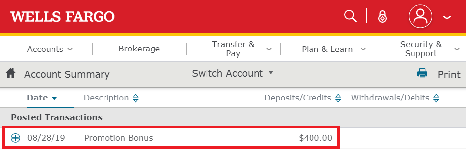 Wells Fargo $400 checking bonus