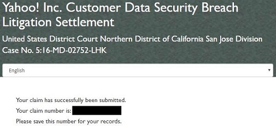 Yahoo data breach Class Action Settlement submission confirmation
