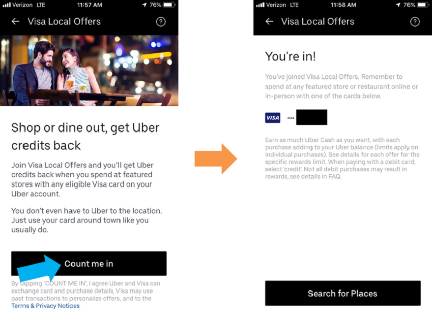 Enrolling in Visa Local Offers in Uber app
