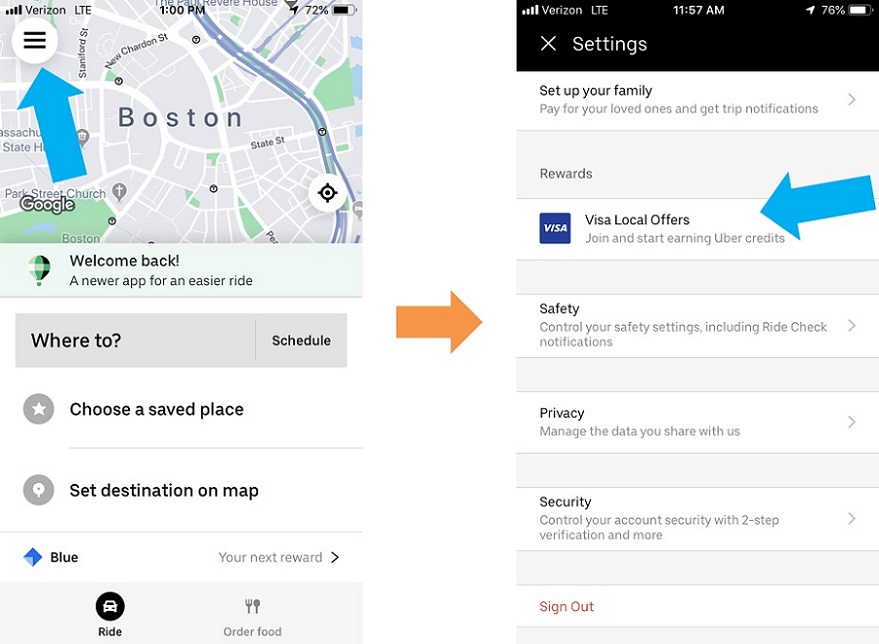 Navigating to Visa Local Offers in the Uber app