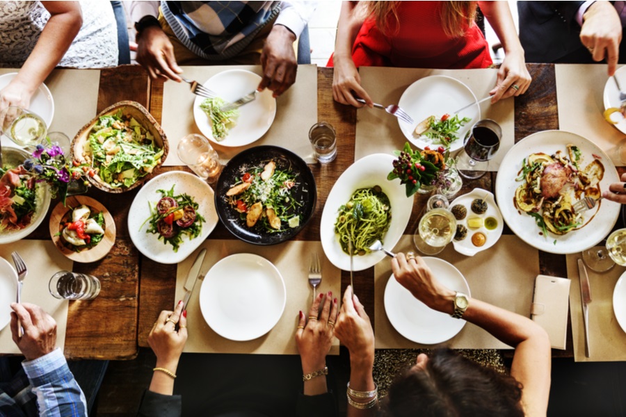 Aerial view of a busy restaurant table