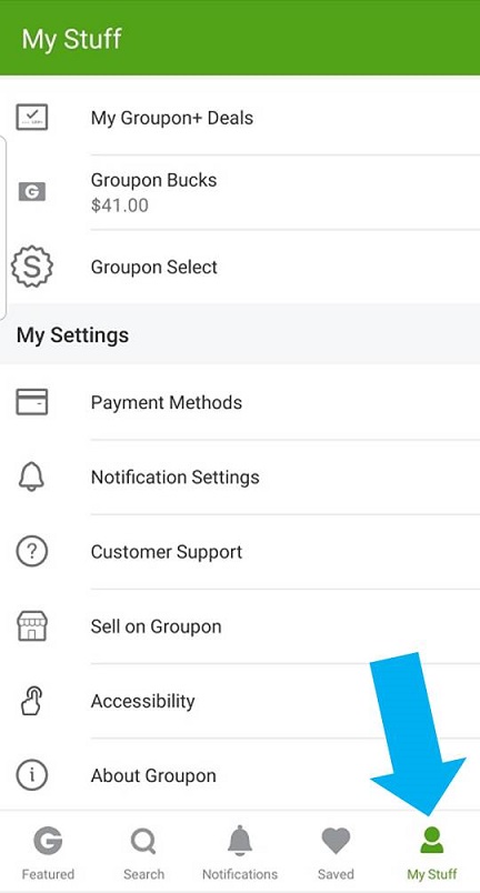 Groupon My Stuff icon location on Groupon app