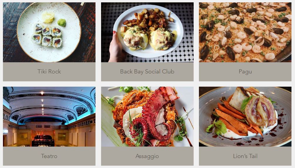 Seated Boston restaurants in a grid