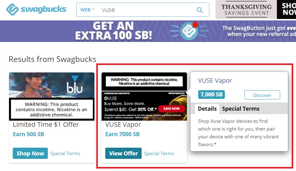 Vuse offer on Swagbucks