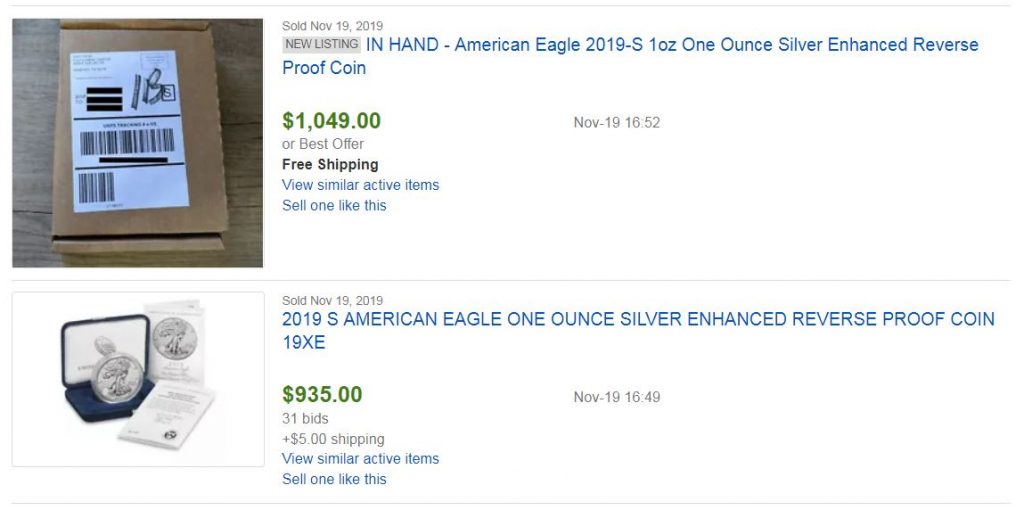 eBay auctions for 2019 American Eagle reverse proof silver coin