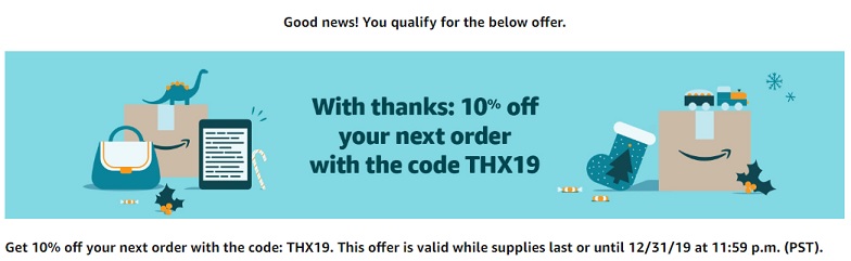 Amazon confirming account is eligible for 10% promo code THX19