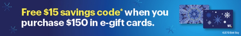 Best Buy promotion offering a free $15 savings code by purchasing $150 worth of Best Buy gift cards