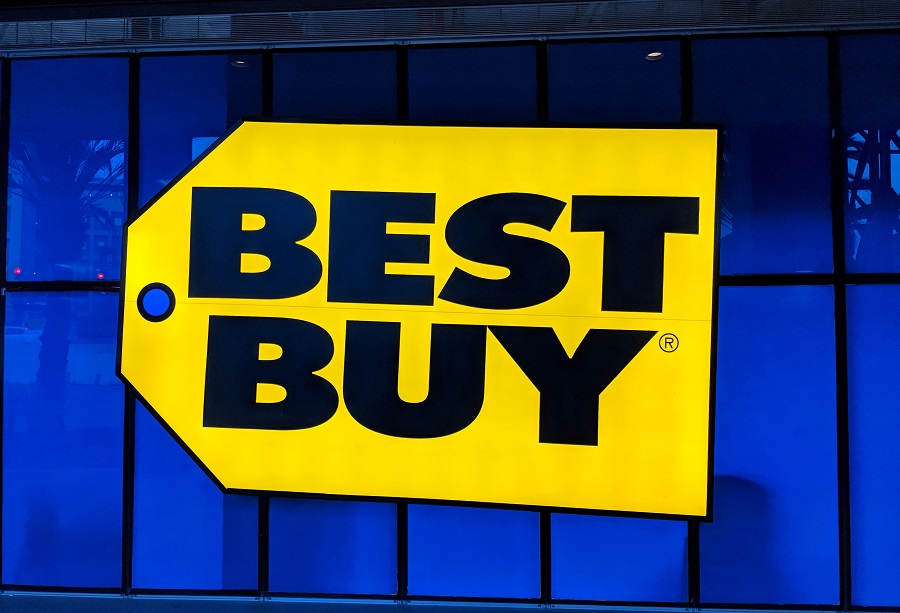 Best Buy logo in front of a blue wall