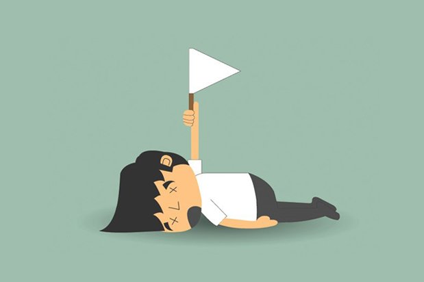 Cartoon guy lying down surrendering by holding up a white flag