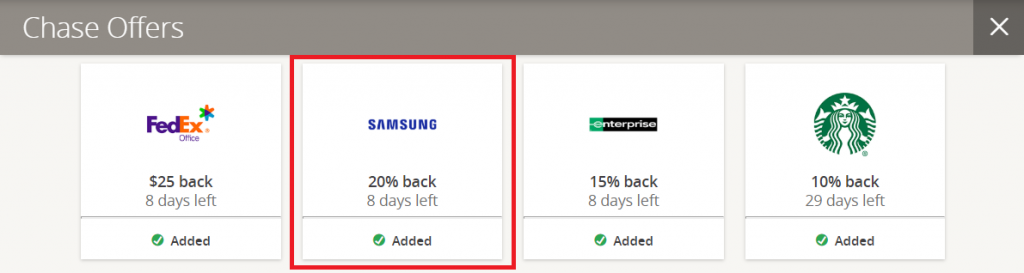 Chase Offers with Samsung offer highlighted