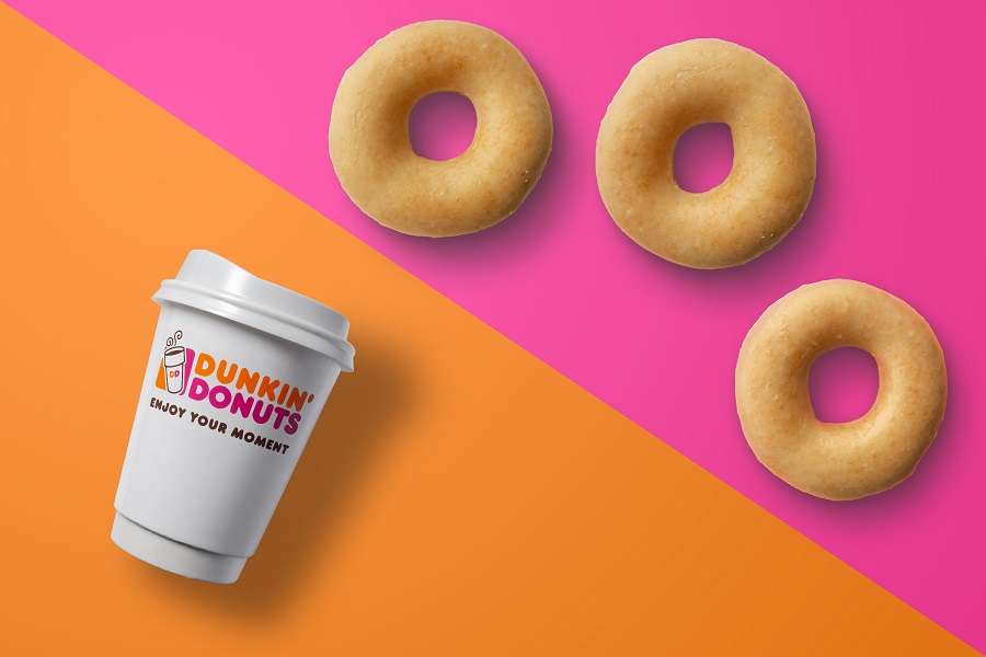 Dunkin bi-color graphic showing a cup of coffee and three donuts