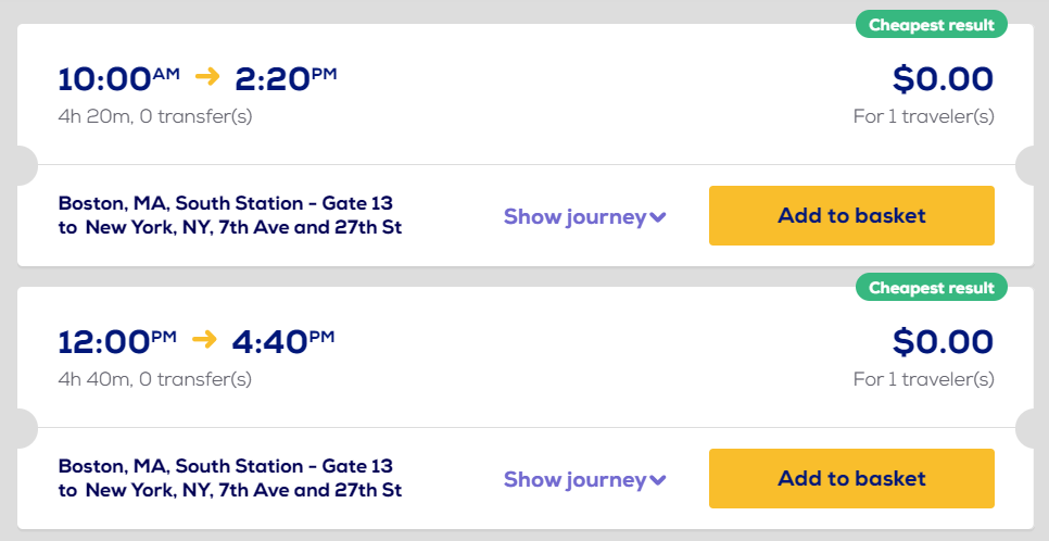 Search results that show free Megabus tickets from Boston to New York