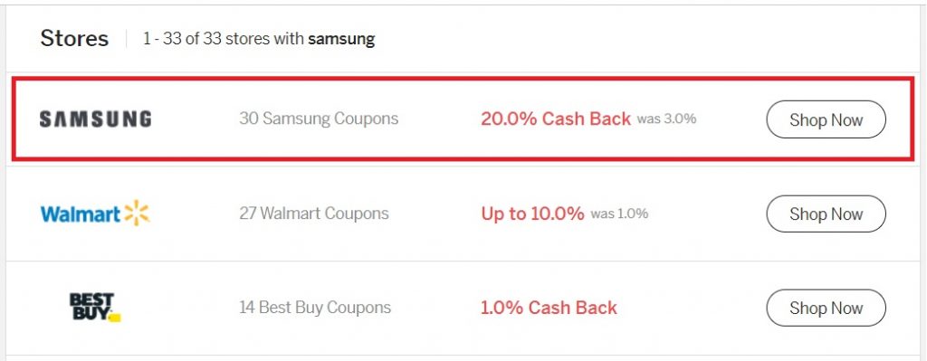 Rakuten cash back offers with Samsung offer highlighted