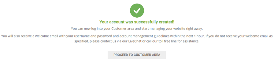 SiteGround confirming account was successfully created