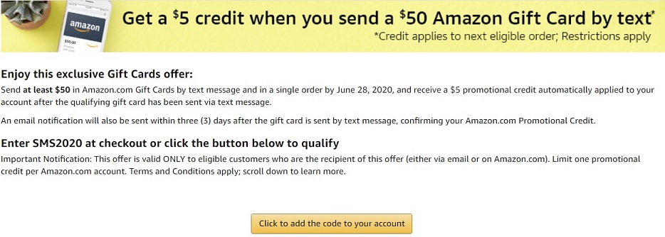 Amazon promotion: send $50 gift card by via text and get $5 free