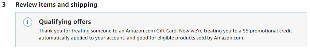 Amazon confirming $5 credit for sending gift card by text