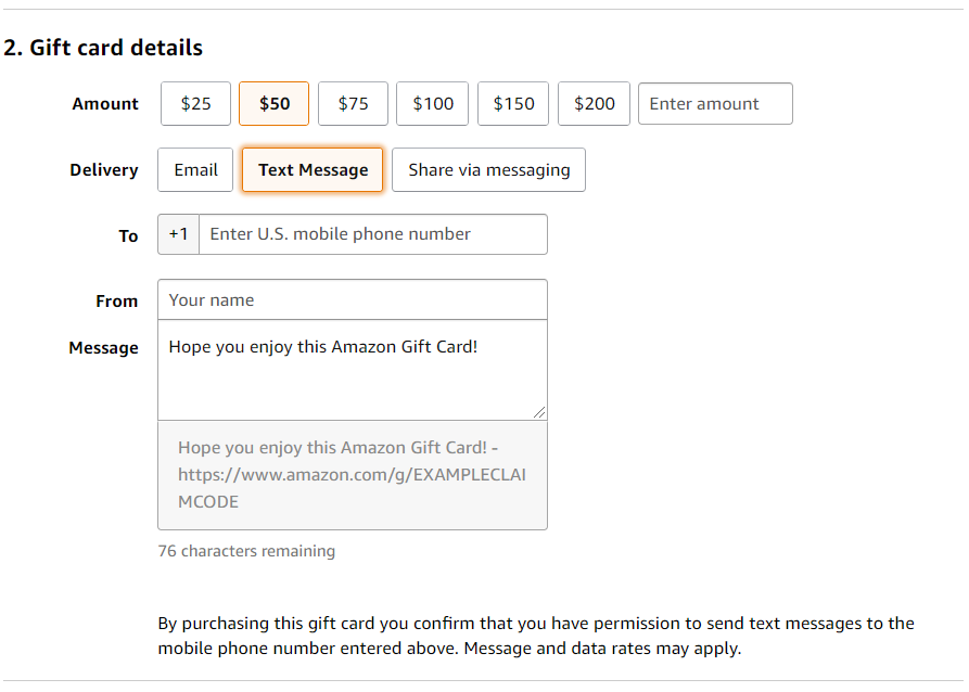 Selecting "text message" to send Amazon gift card by text