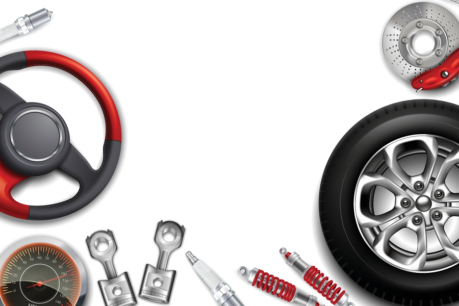 Car parts bordering a white background