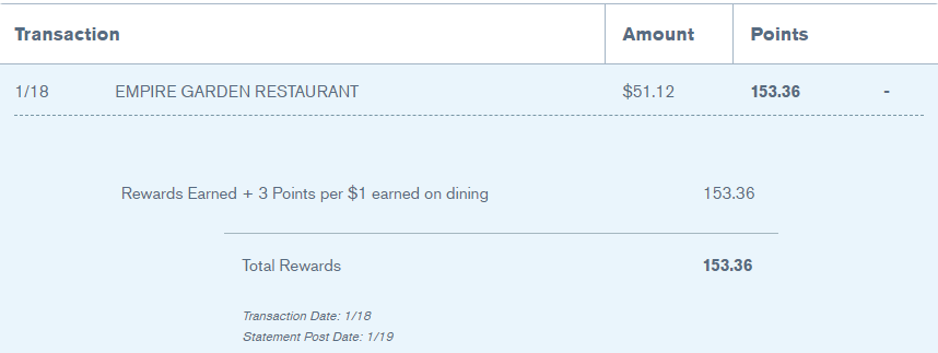 Screenshot of 3X dining bonus on the Chase Sapphire Reserve card
