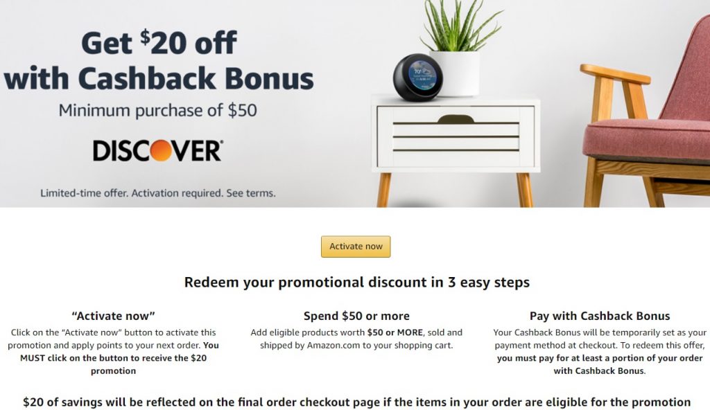 Amazon's promotion of "Get $20 off $50" when using Discover points