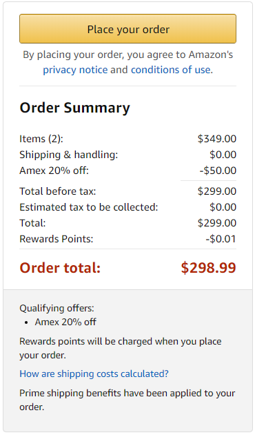 Amazon order summary with AMEX 20% discount applied