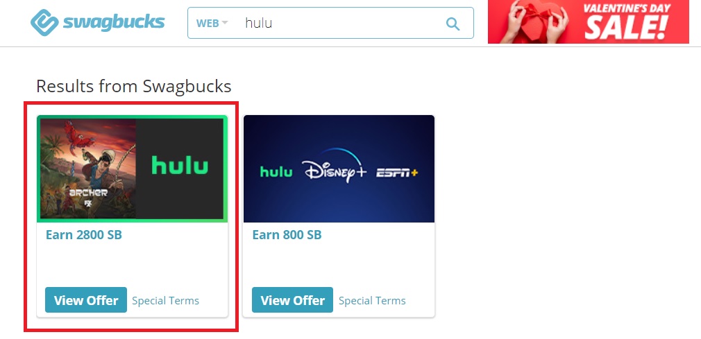 Screenshot of Swagbucks' Hulu subscription offer