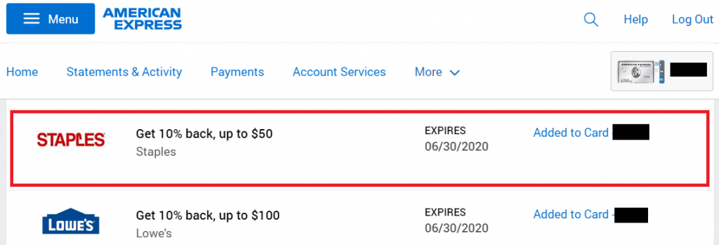 AMEX Offers - 10% back at Staples