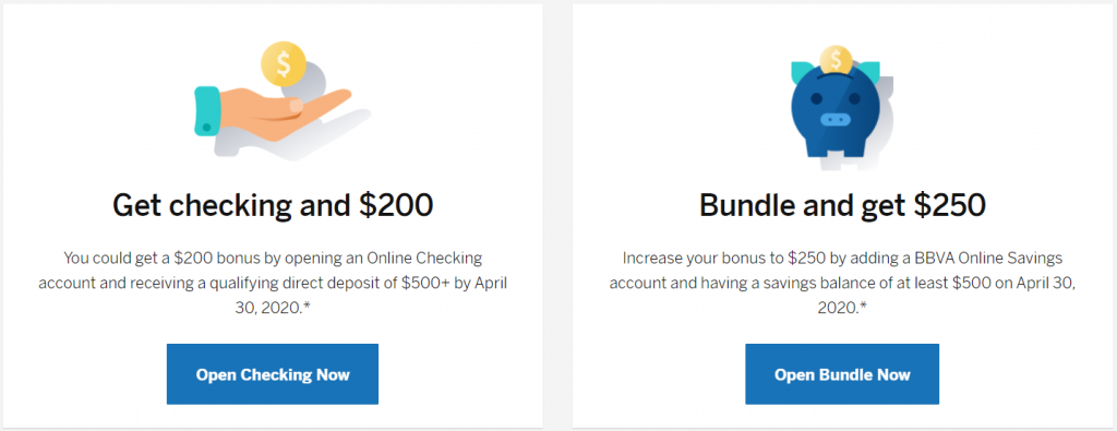 BBVA $200 checking and $50 savings bonus options