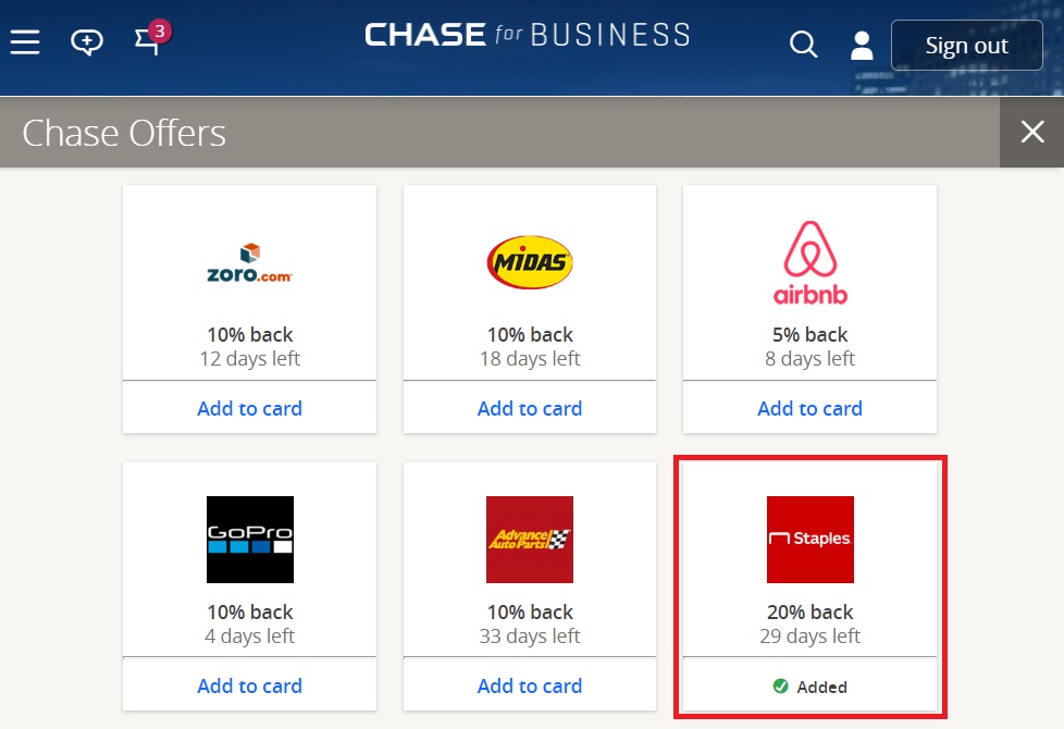 Chase Offers - 20% back at Staples