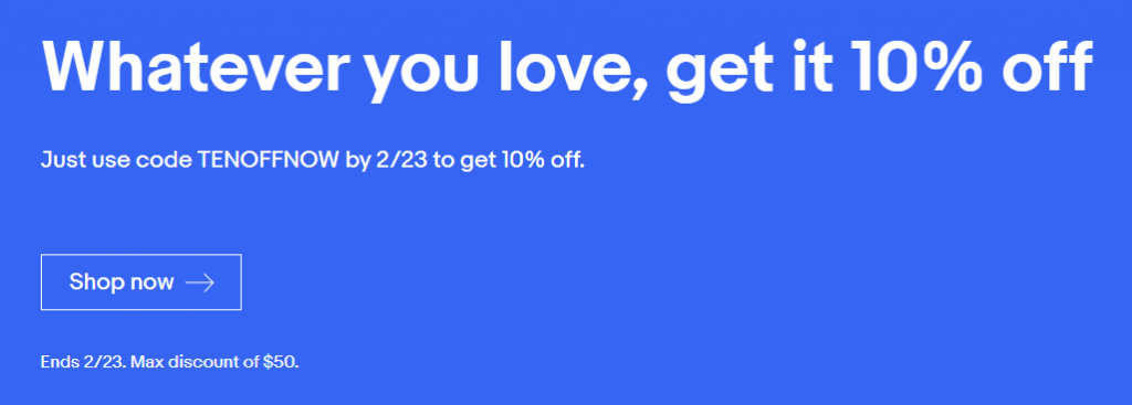 eBay 10% promotion with coupon code TENOFFNOW