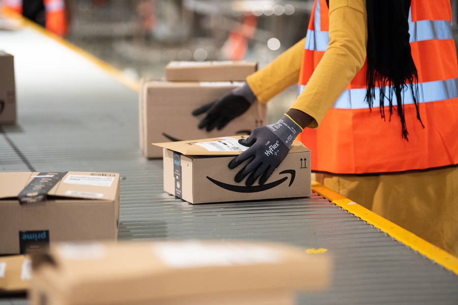 Amazon boxes on conveyor belt