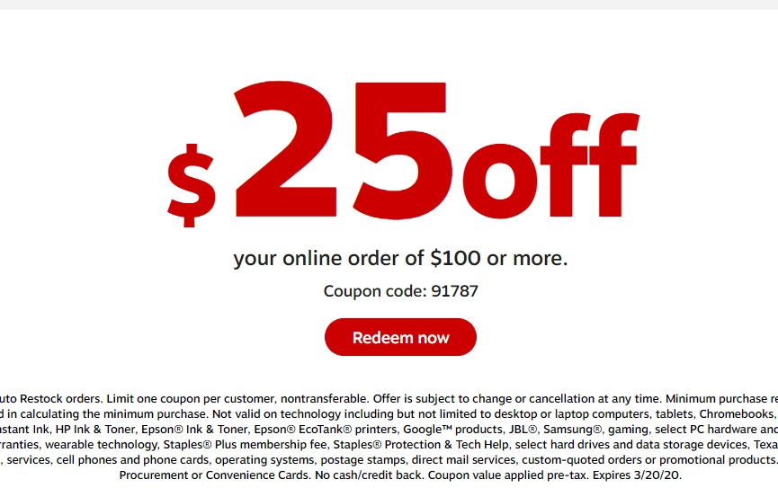 Staples $25 off $100 coupon code