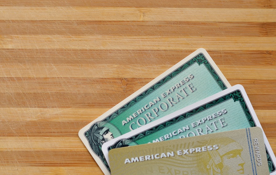 American Express Corporate cards on wooden table