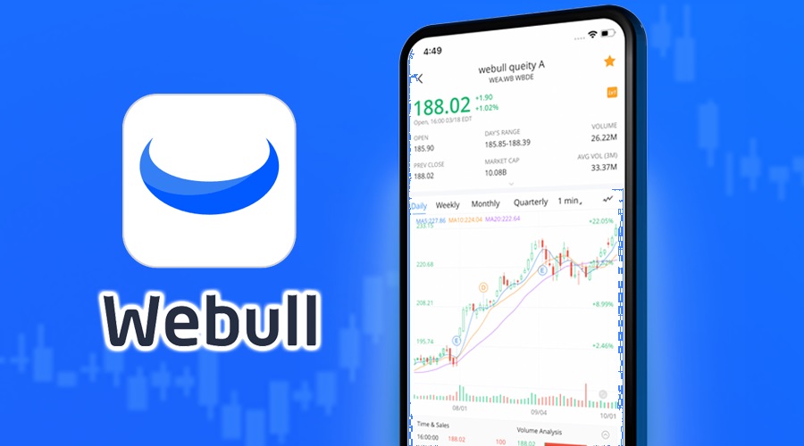 WeBull logo with WeBull app on phone