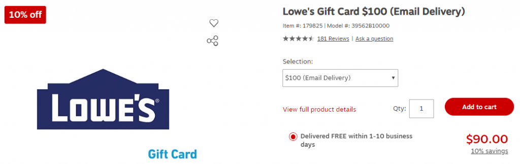 10% Off Lowe's gift cards at Staples.com
