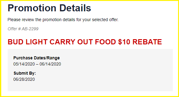 Budweiser Carry Out Food promo $10 rebate