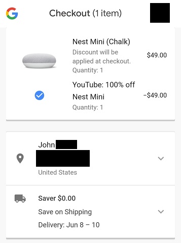 free Google Nest Mini order summary