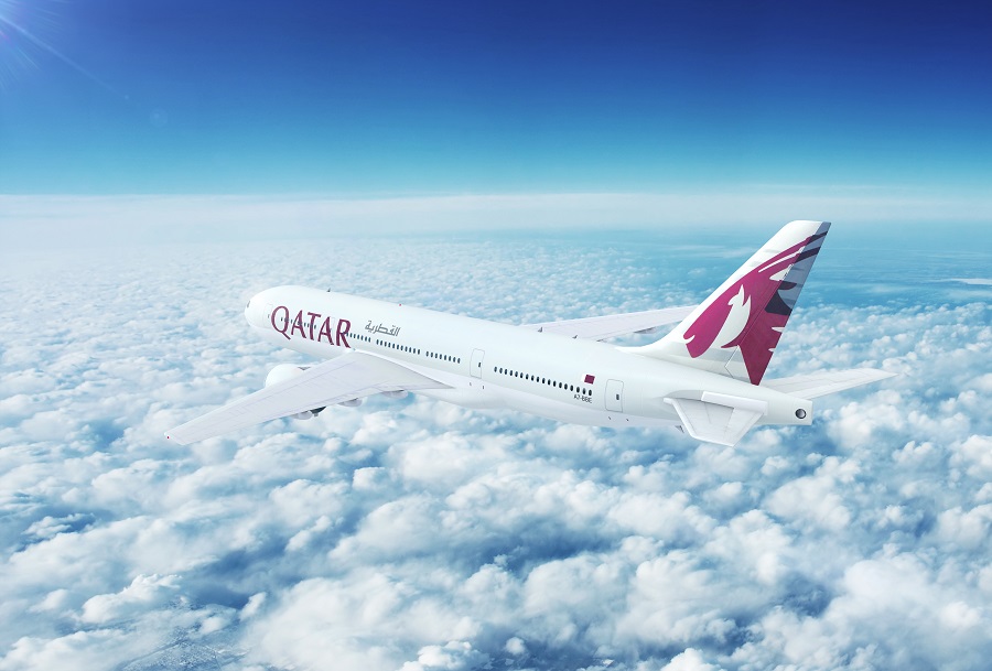 Qatar Airways flying over clouds