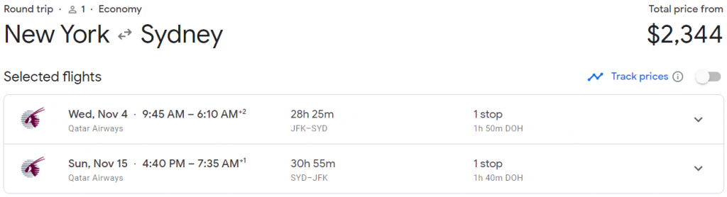 Qatar Airways round-trip flight from New York City to Sydney for $2,344